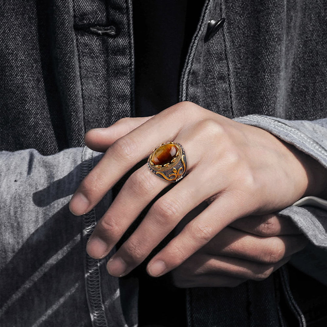 Olivenorma Retro Large Tiger Eye Stone Mens Ring