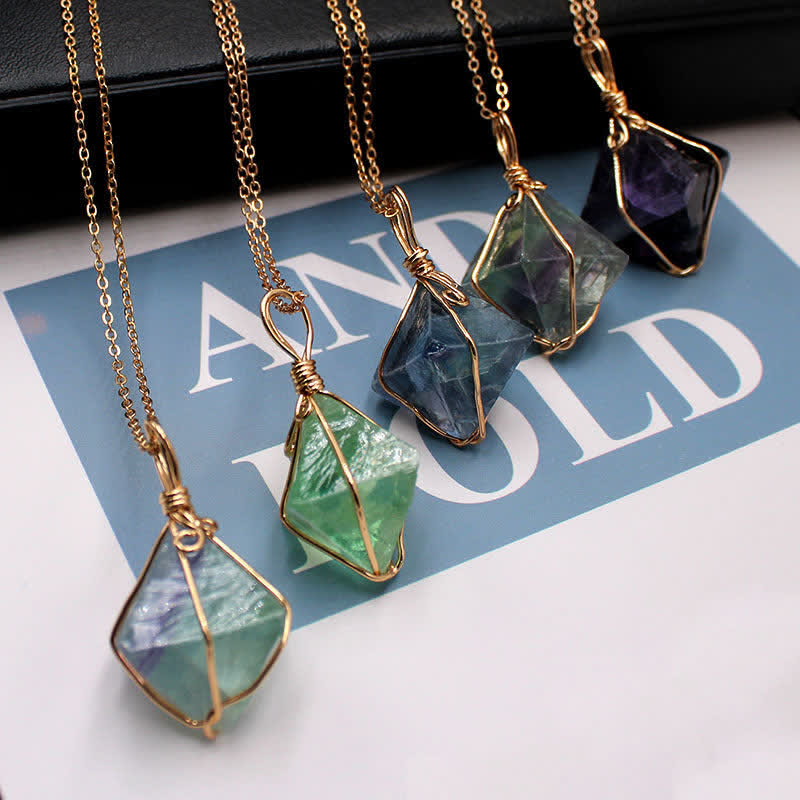 Olivenorma Natural Fluorite Octahedron Gemstone Necklace