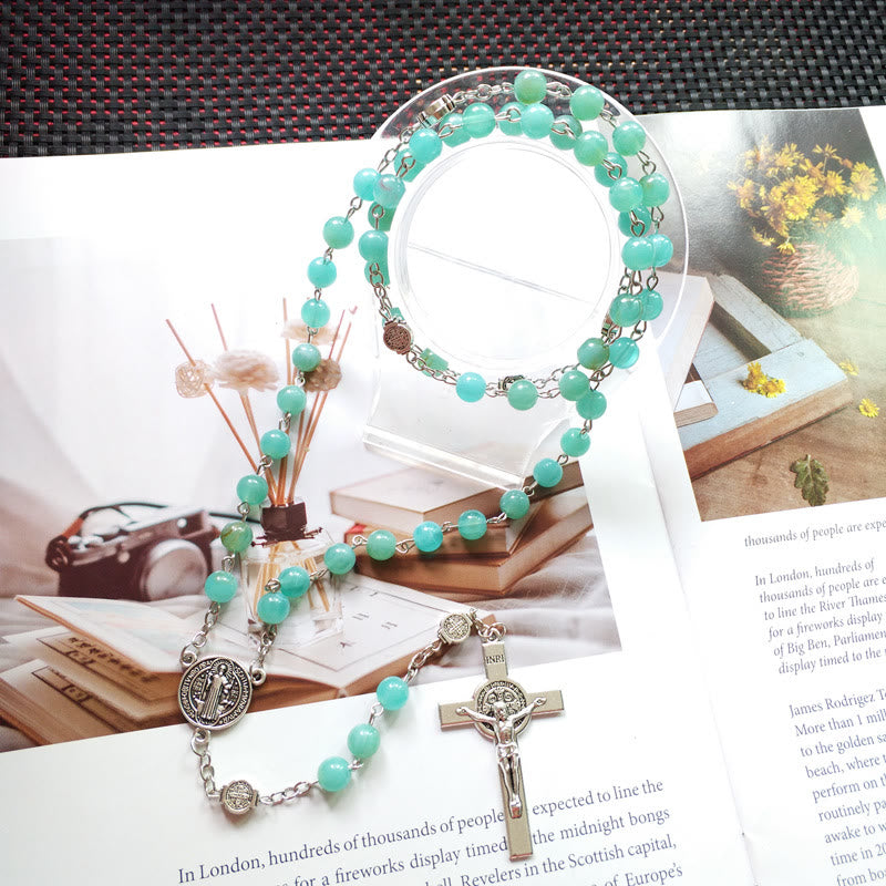 Olivenorma Amazonite Medal Silver Cross Rosary Pendant Necklace