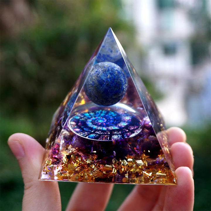 Olivenorma Lapis Lazuli Sphere with Amethyst Orgone Pyramid