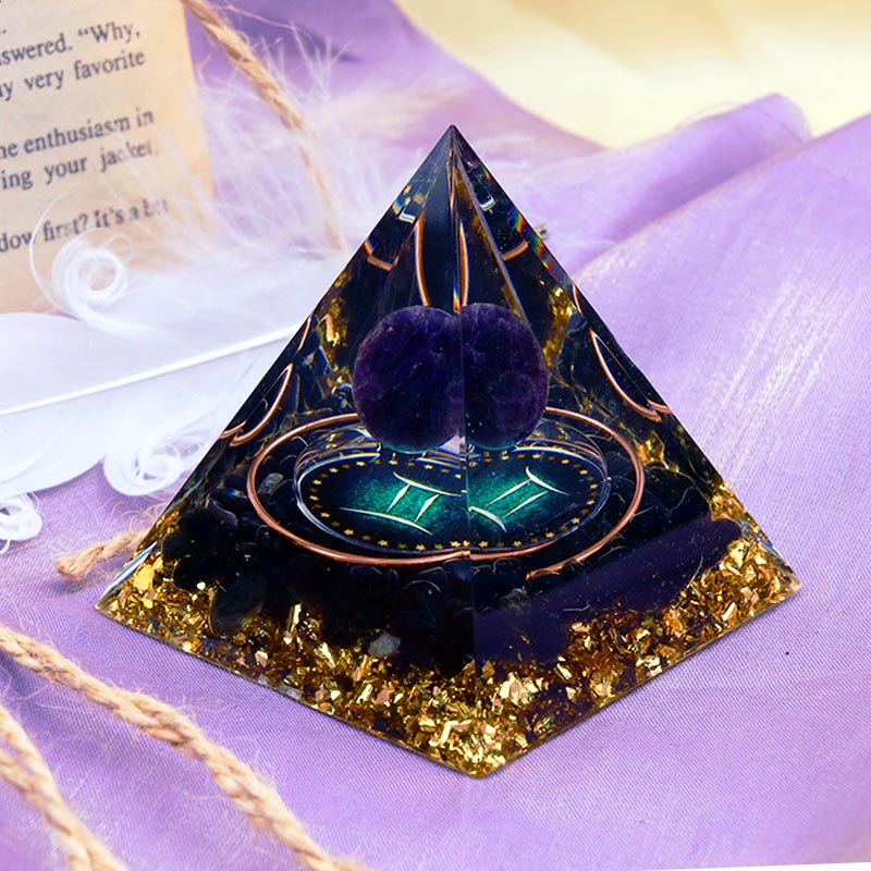 Olivenorma Amethyst Sphere With Obsidian Zodiac Gemini Orgone Pyramid