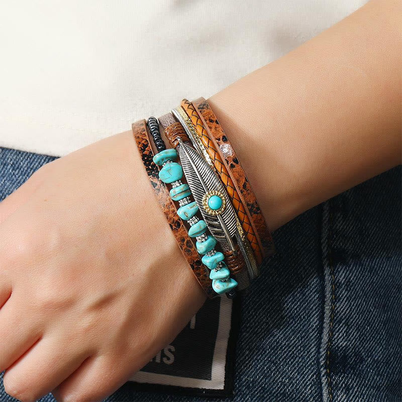 Olivenorma Brown Vintage Turquoise Multi-layer Leather Bracelet