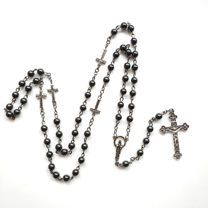 Olivenorma Hematite Jesus Medal Cross Rosary Necklace