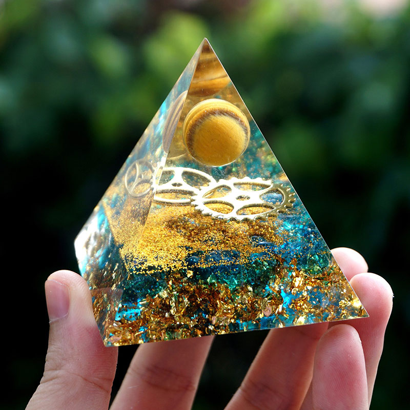 Tiger Eye Sphere With Blue Quartz Orgone Pyramid