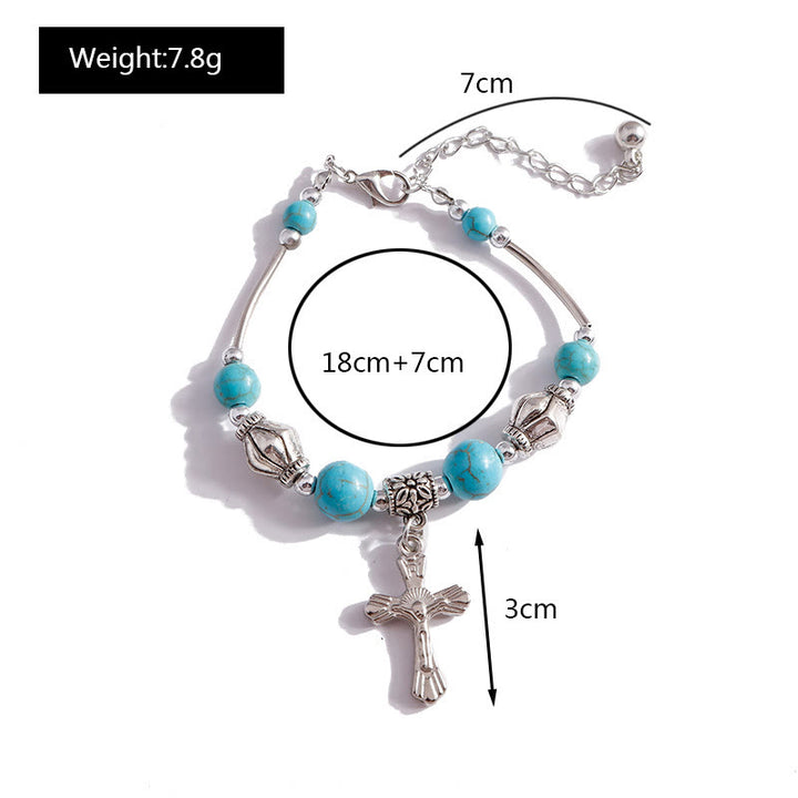 Olivenorma Turquoise Beaded Silver Cross Pendant Bracelet