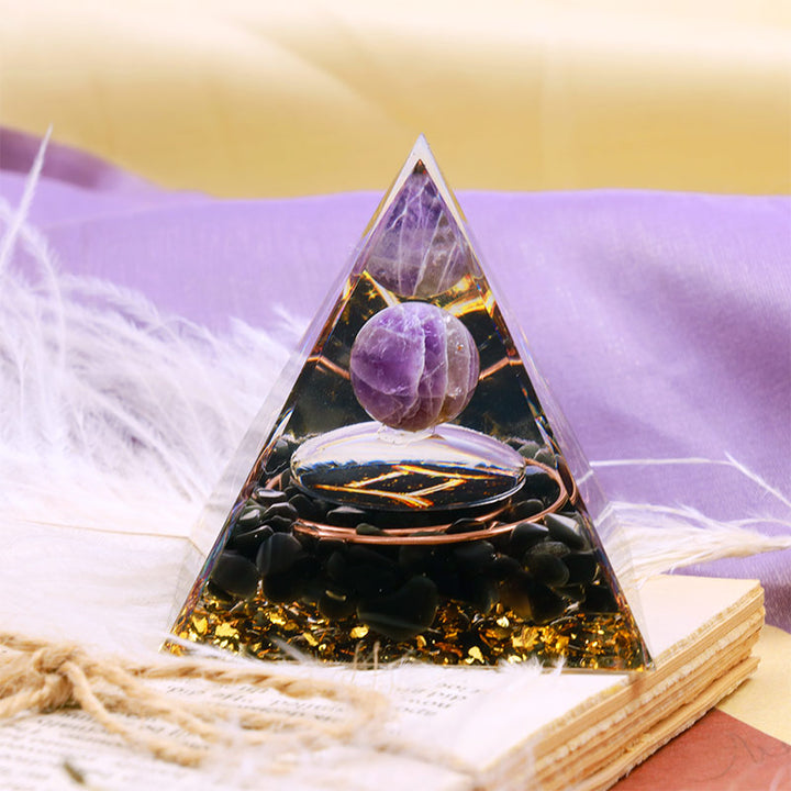 Olivenorma Amethyst Sphere With Obsidian Zodiac Gemini Orgone Pyramid