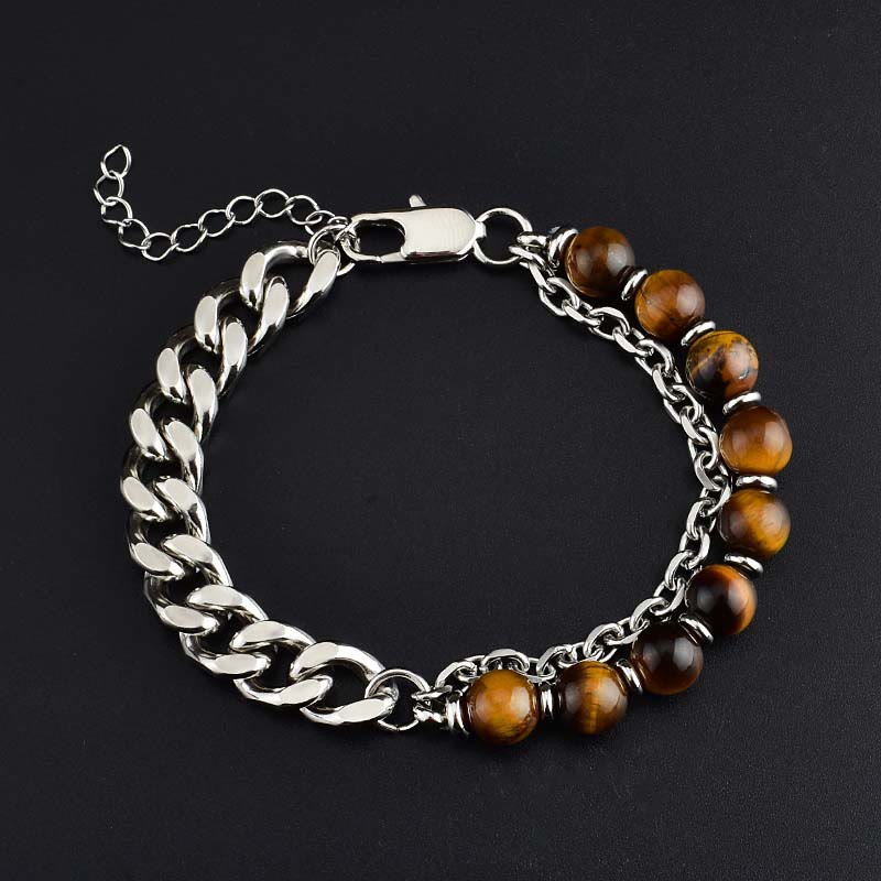 Olivenorma Faceted Black Onyx Tiger Eye Stainless Steel Bracelet