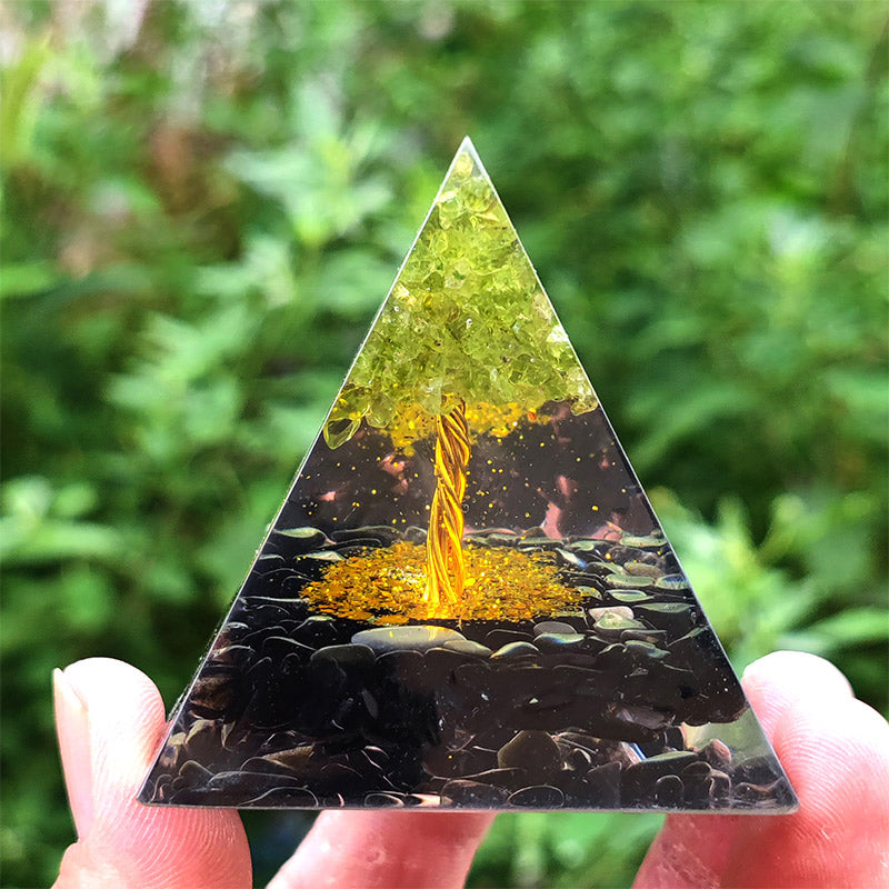 Olivenorma Obsidian with Peridot Tree Of Life Orgone Pyramid