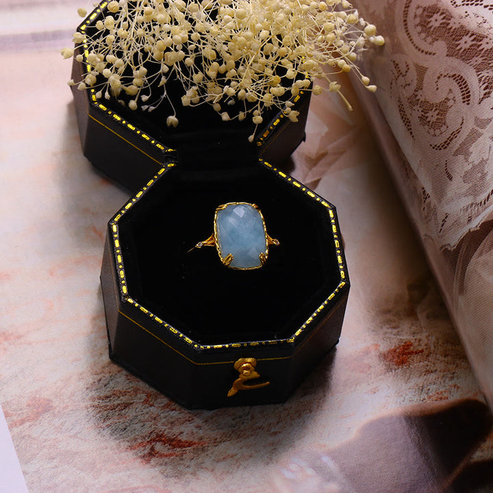 Olivenorma Large Square Aquamarine Black Onyx Vintage Ring