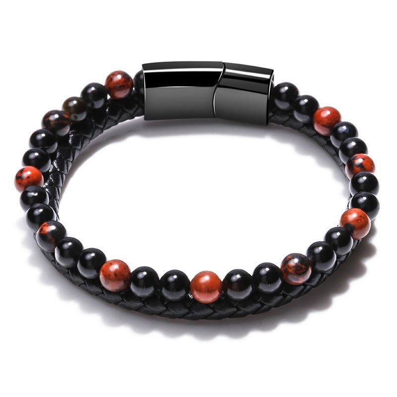Olivenorma Mens Beaded Leather Two Layer Bracelet - Red Obsidian - 23cm - image 4