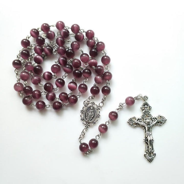 Olivenorma Purple Cat's Eye Stone Silver Cross Rosary Necklace