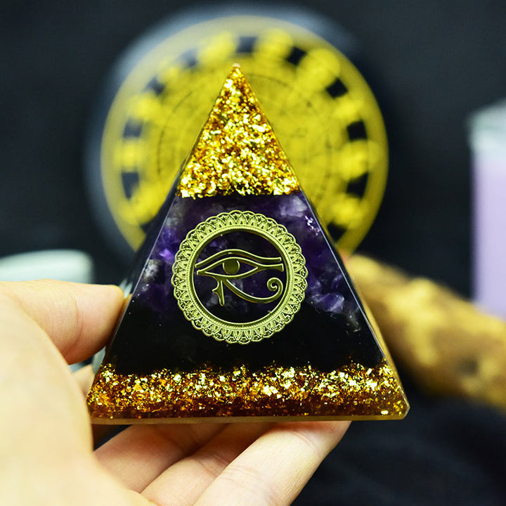 Olivenorma Divine Vision Amethyst & Obsidian Eye of Horus Orgone Pyramid - image 3