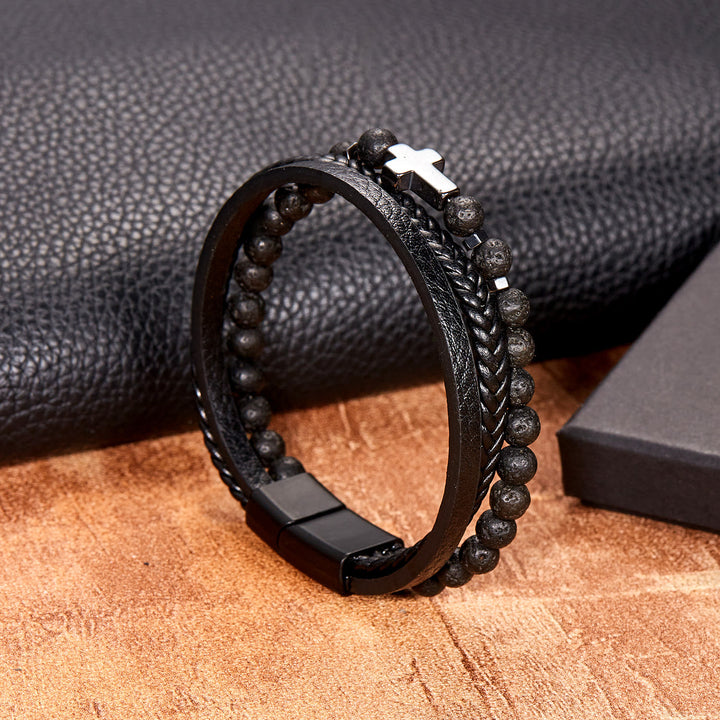 Olivenorma Natural Stone Beads Braided Leather Mens Bracelet - Lava Stone - image 5