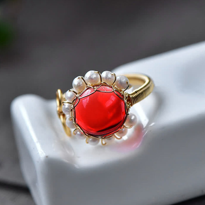 Red Quartz With Pearl Healing Ring