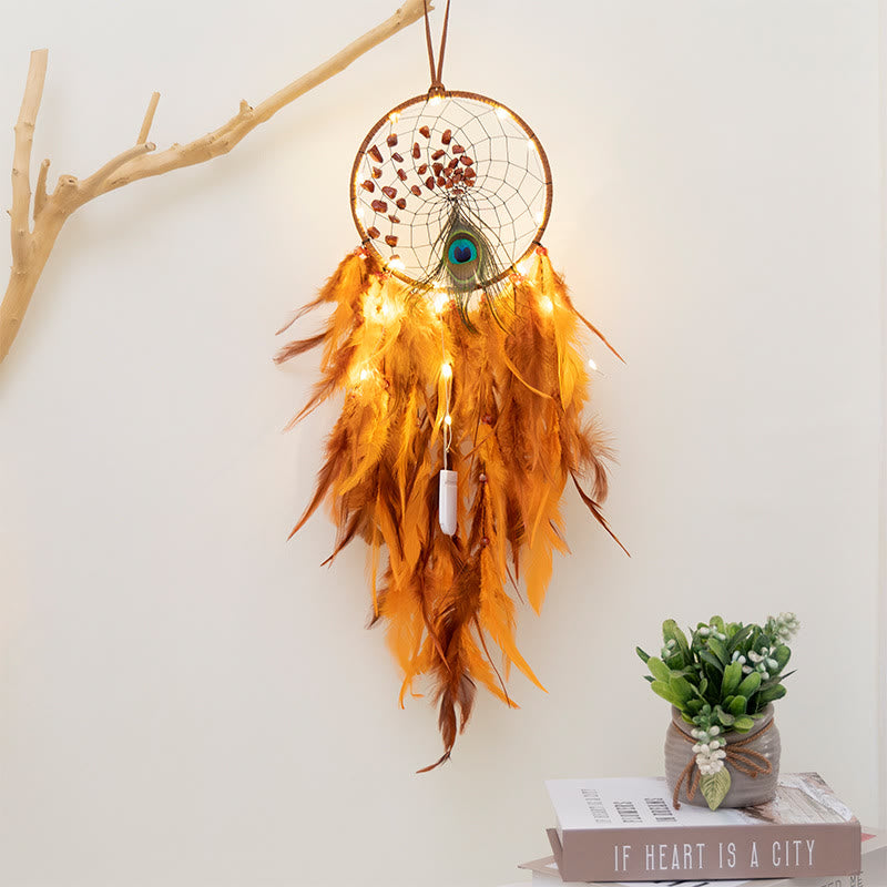 Olivenorma Red Agate Turquoise Peacock Feather Dream Catcher - Red Agate - With Lights - image 1