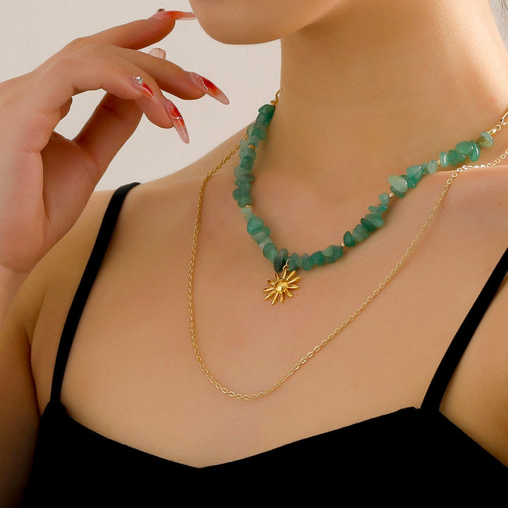 Olivenorma Natural Amazonite Sun Pendant Double Layer Necklace