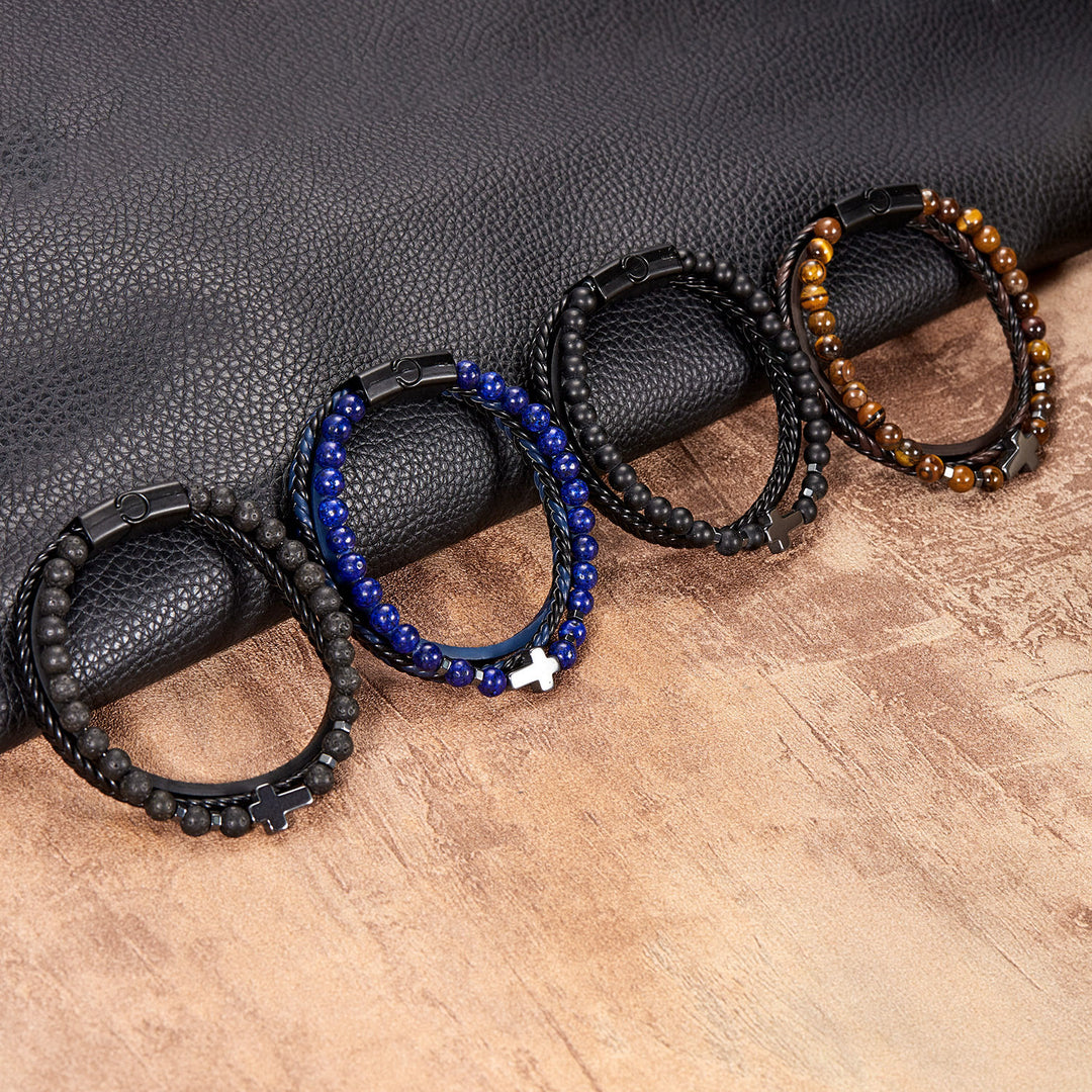 Olivenorma Natural Stone Beads Braided Leather Mens Bracelet - image 12