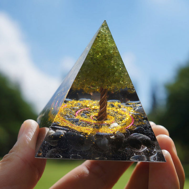 Olivenorma Peridot With Obsidian Tree Of Life Orgone Pyramid