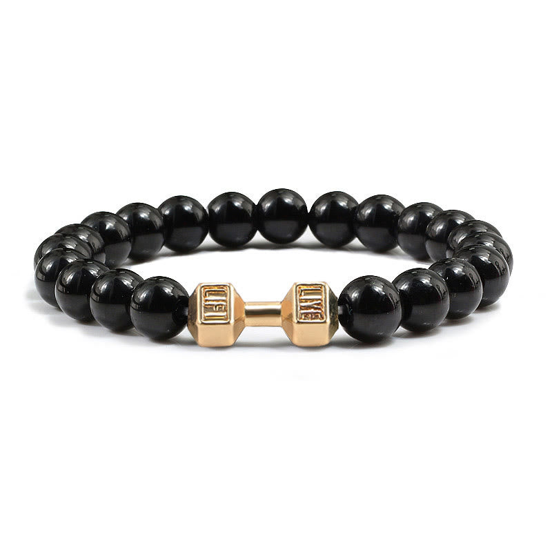 Olivenorma "Live Life" Dumbbells Natural Stone Beads Bracelet - Obsidian - Golden Barbell - 21cm - image 34