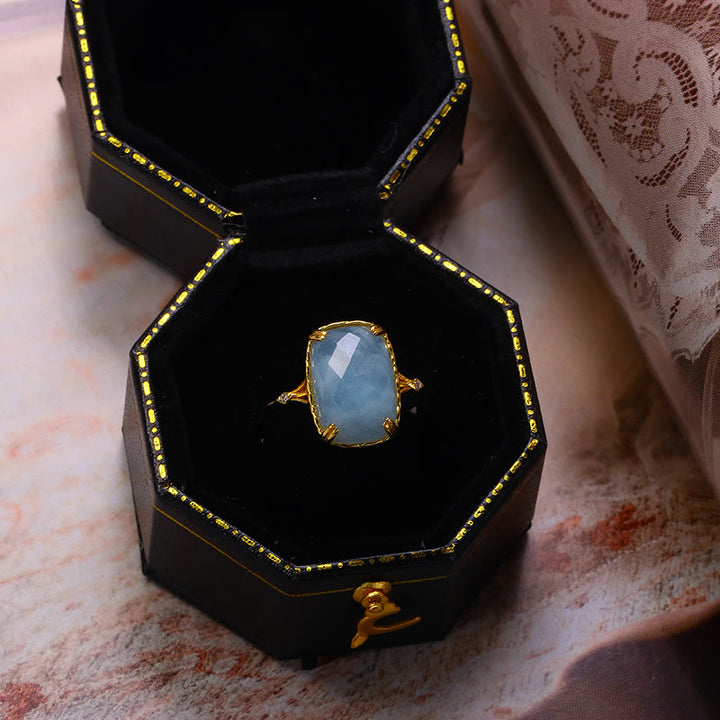 Olivenorma Large Square Aquamarine Black Onyx Vintage Ring