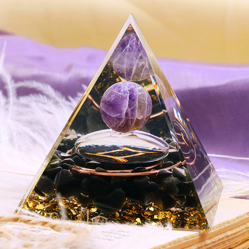 Olivenorma Amethyst Sphere With Obsidian Zodiac Gemini Orgone Pyramid