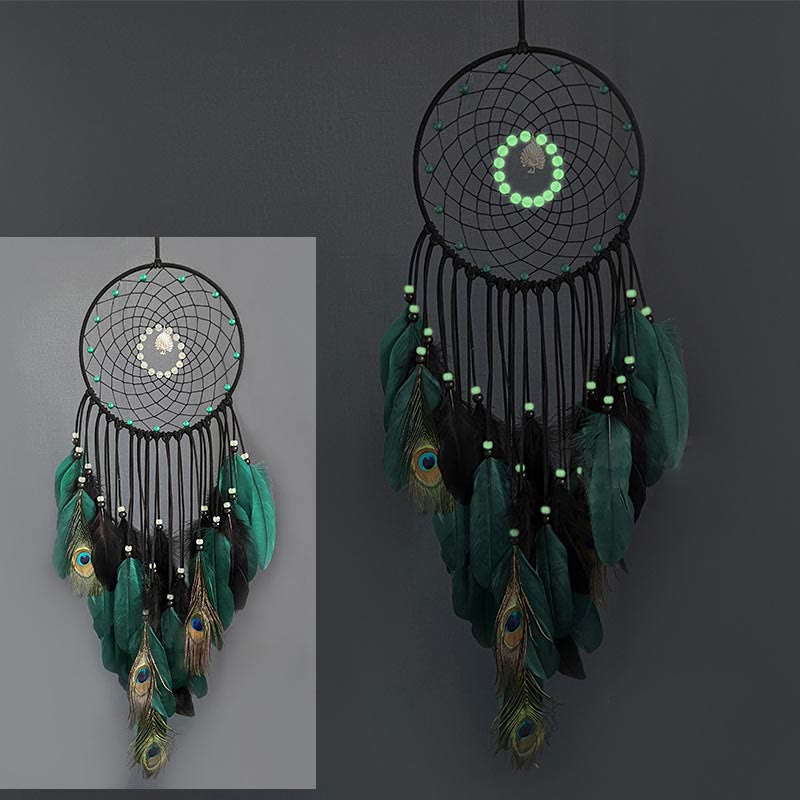 Olivenorma Glow Beads Handmade Peacock Feather Dream Catcher