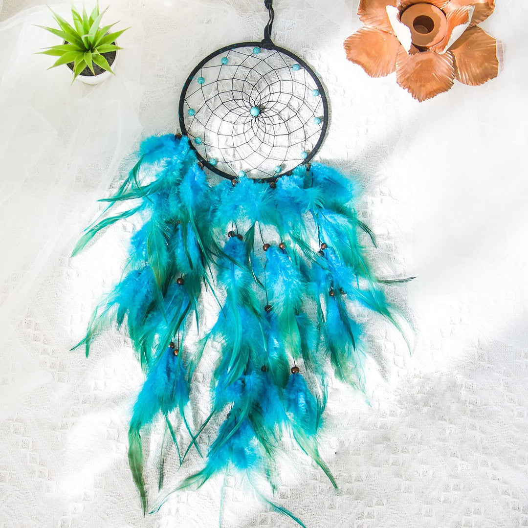 Olivenorma Turquoise Beaded Braided Floral Blue Feather Dream Catcher