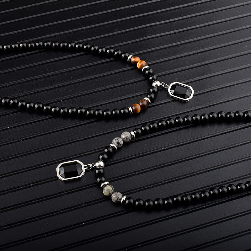 Olivenorma Tiger Eye Obsidian Beaded Men Titanium Steel Necklace