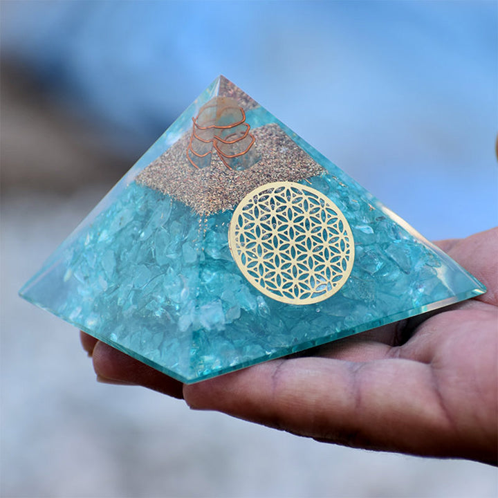 Olivenorma Clear Crystal With Aquamarine Healing  Orgone Pyramid