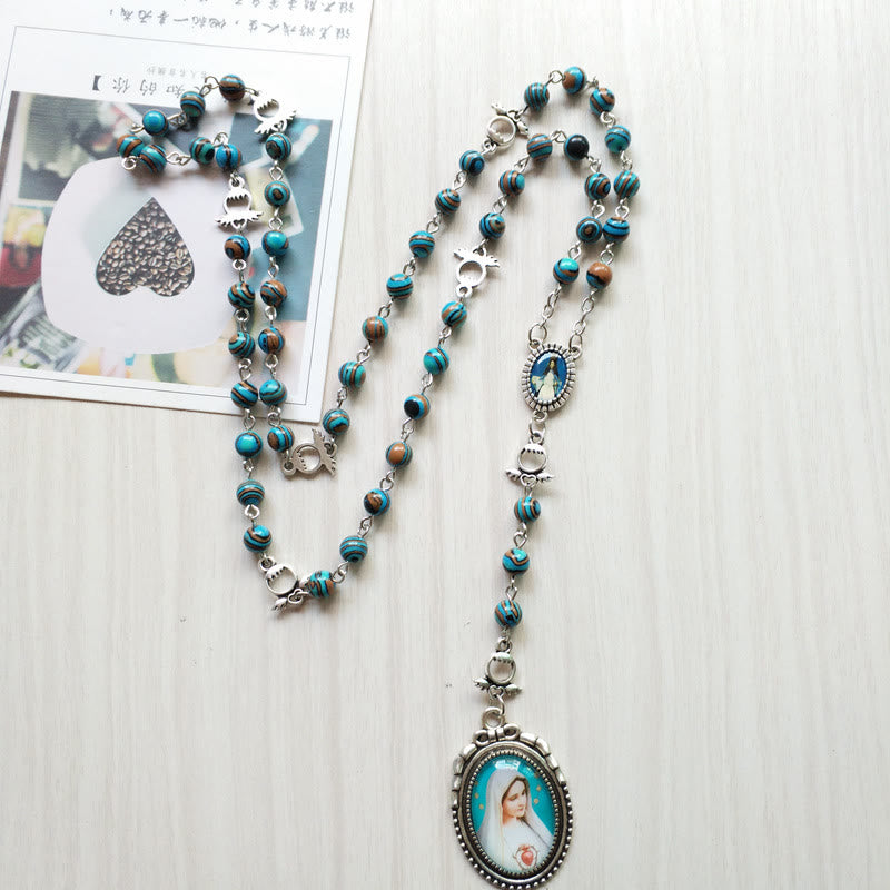 Olivenorma Azurite Malachite Lady Holy Medal Pendant Rosary Necklace