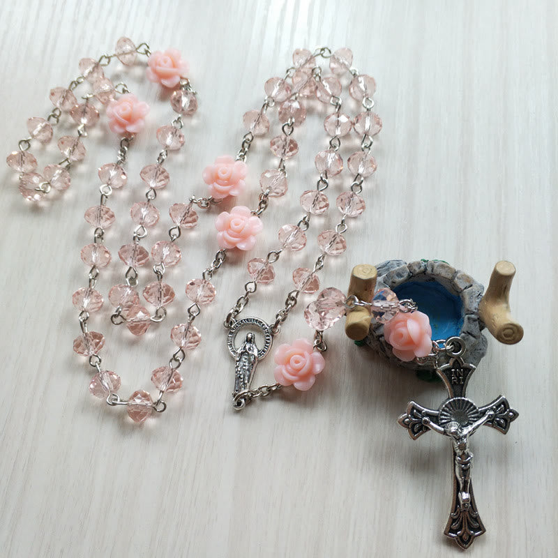 Olivenorma Rose Quartz Jesus Cross Pendant Rosary Necklace