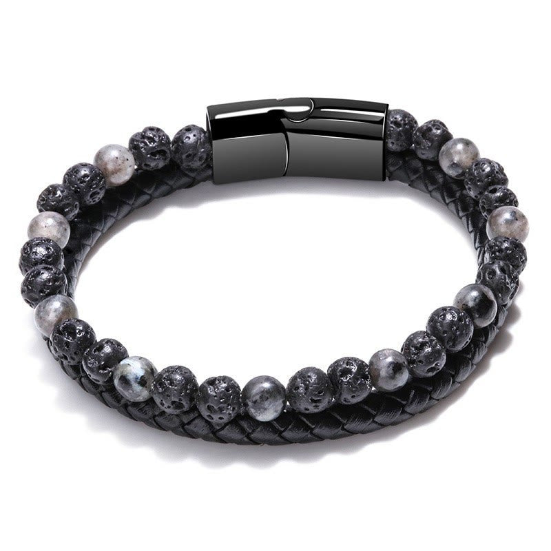 Olivenorma Mens Beaded Leather Two Layer Bracelet - Lava Stone&Grey Jasper - 23cm - image 6