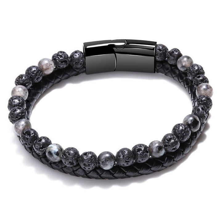 Olivenorma Mens Beaded Leather Two Layer Bracelet