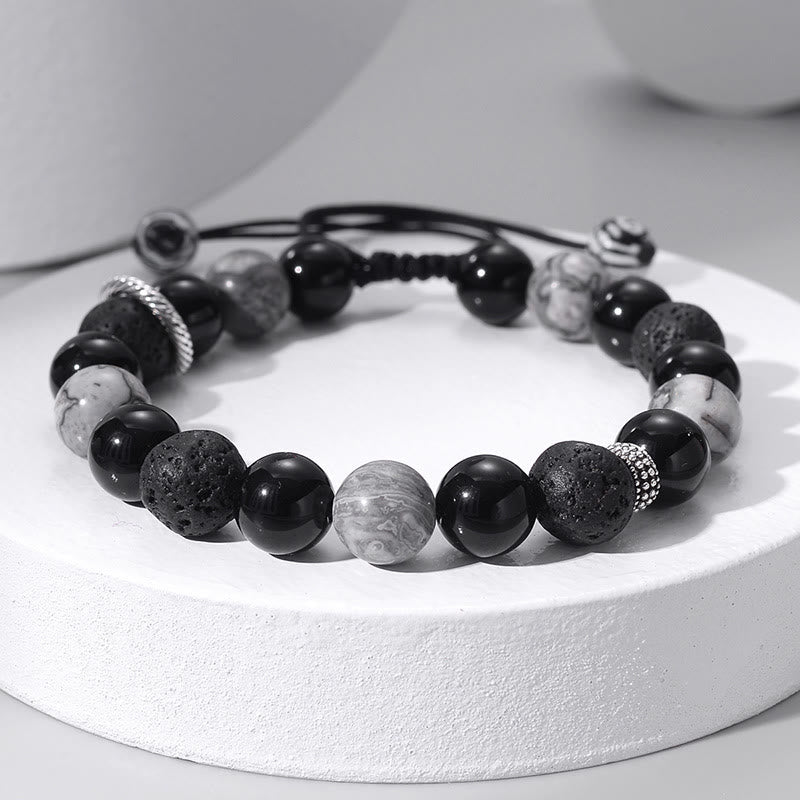 Olivenorma 10mm Grey Jasper Lava Stone Beaded Strap Bracelet