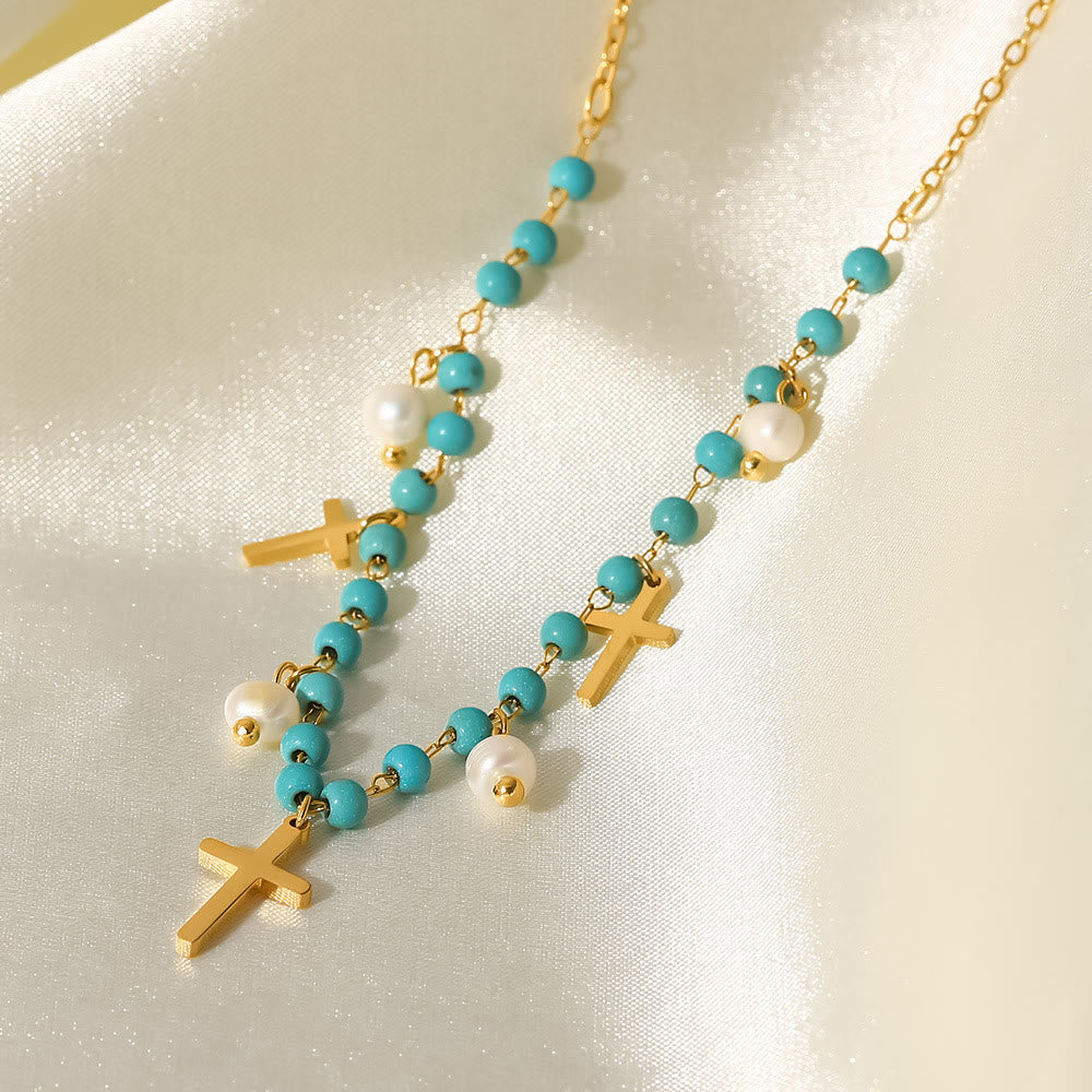 Olivenorma Turquoise Pearl Cross Pendant Tassel Necklace