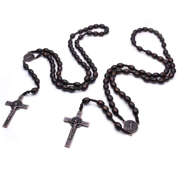 Olivenorma Knitted Vintage Cross Wood Rosary Necklace