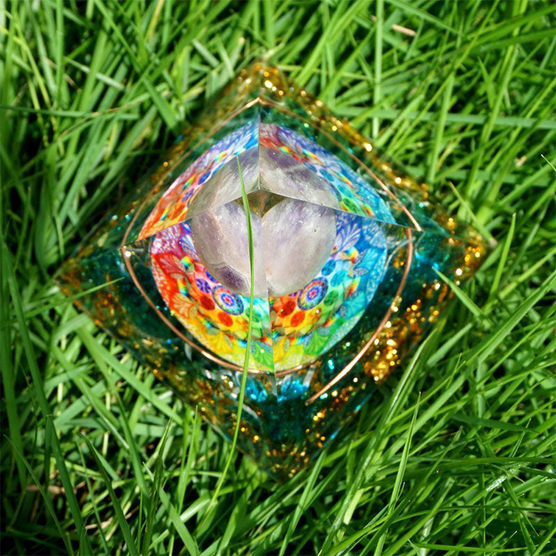 (Clearance 30% OFF / CODE: OFF30) - Olivenorma Amethyst Crystal Sphere with Blue Quartz Orgone Pyramid