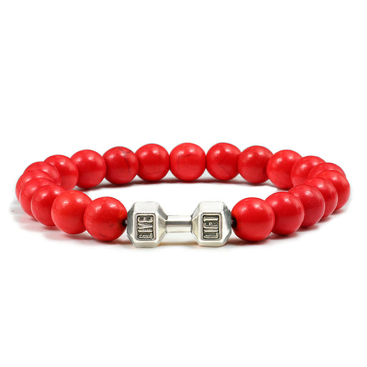 Olivenorma "Live Life" Dumbbells Natural Stone Beads Bracelet - Red Turquoise - Silver Barbell - 21cm - image 15