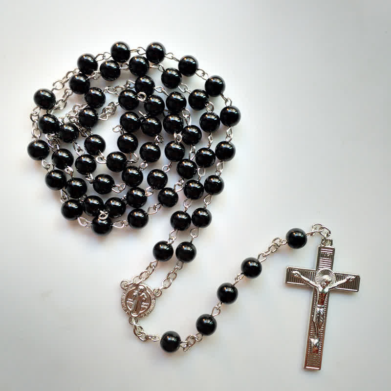 Olivenorma Gothic Cross Black Onyx Rosary Necklace