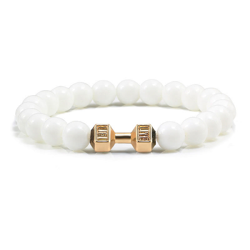 Olivenorma "Live Life" Dumbbells Natural Stone Beads Bracelet - White Chalcedony - Golden Barbell - 21cm - image 30