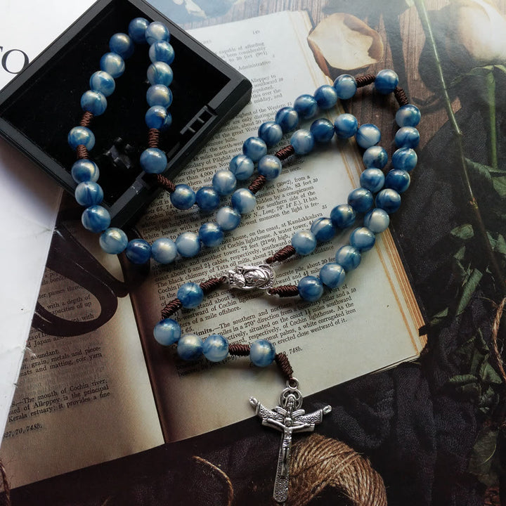 Olivenorma Blue Cat's Eye Stone Jesus Cross Rosary Necklace