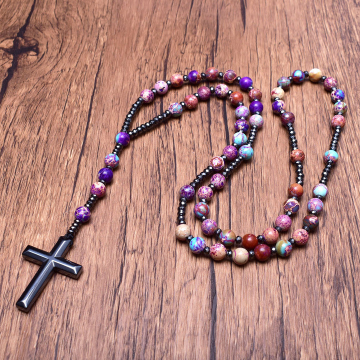 Olivenorma Natural Stone Cross Pandant Rosary Necklace