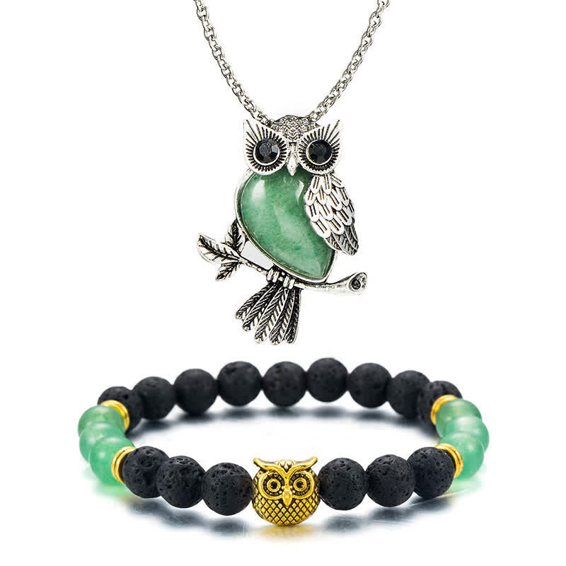 SPIRITUAL ENERGY - Owl Gemstone Necklace with Bracelet Gift Set - Green Aventurine - Silver Chain - image 12