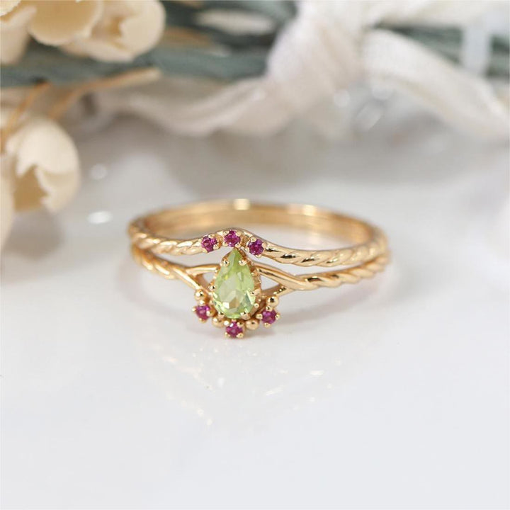 Olivenorma Dainty Peridot Pink Crystal Stacking Adjustable Ring Set