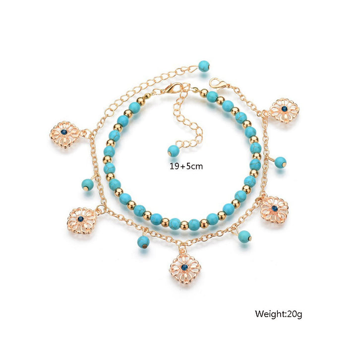 Olivenorma Turquoise Diamond Flower Pendant 2Set Bohemia Anklets