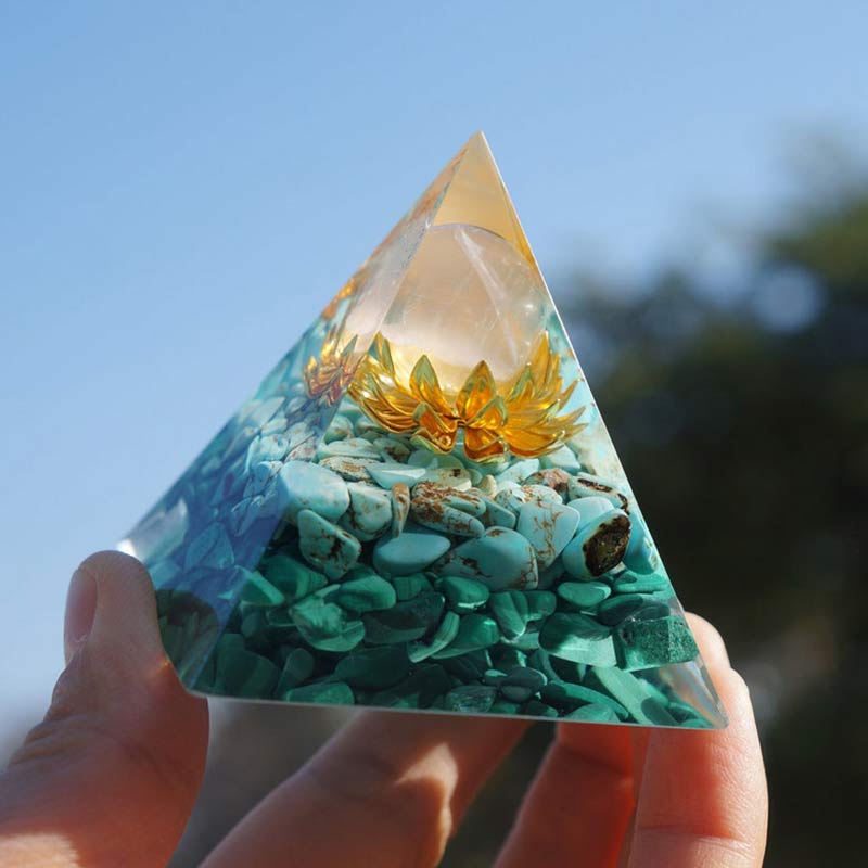 Clear Crystal Turquoise Malachite Lotus Symbol Orgone Pyramid