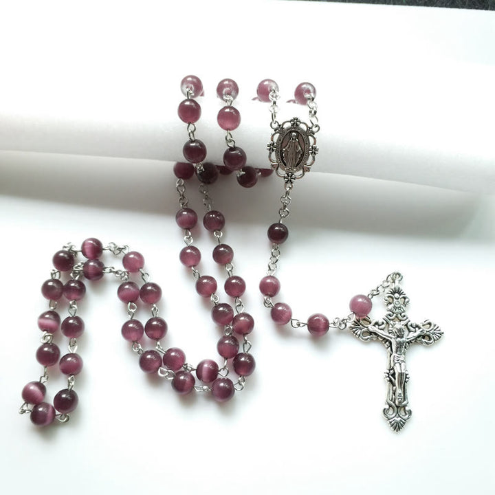 Olivenorma Purple Cat's Eye Stone Silver Cross Rosary Necklace