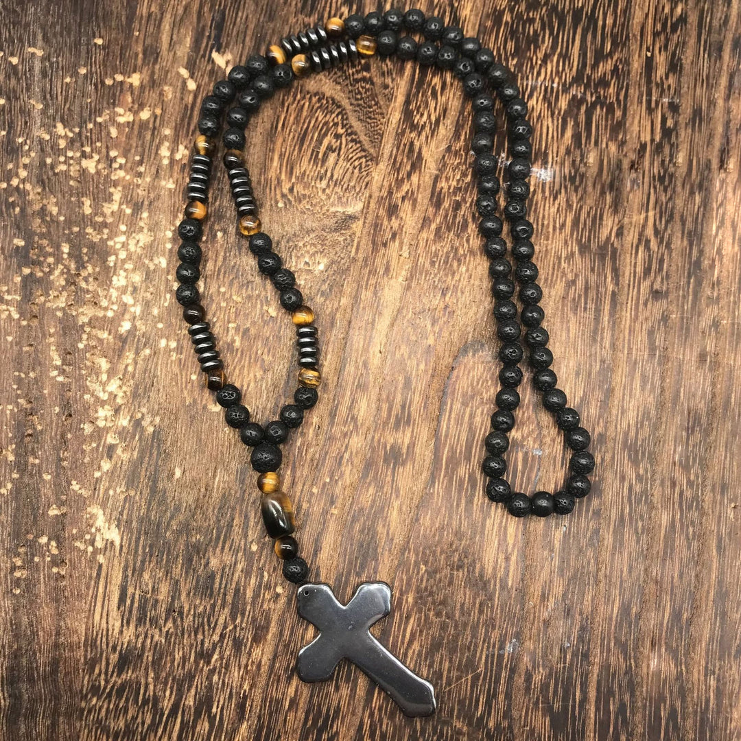 Olivenorma Wood Beads Stone Cross Pendant Rosary Necklace