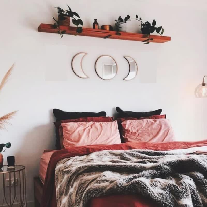 Original Wooden Moon Phase Mirrors Wall Decor - 3-piece set - Burlywood - image 1