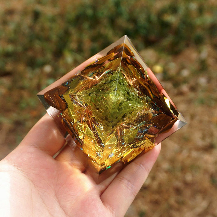 Olivenorma Tree of Life Peridot With Tiger Eye Orgone Pyramid